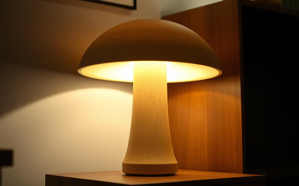 A 70s era mushroom-shaped lamp with a wide, dome-like cap and a cylindrical base. The lamp's body is composed of a warm, earthy-toned ceramic material, with a matte, textured finish that evokes the natural aesthetic of the era. Soft, indirect lighting emanates from within the lamp, casting a cozy, ambient glow throughout the space. The lamp is positioned on a mid-century modern side table or nightstand, complementing the retro-inspired furniture and decor. The overall scene conveys a sense of nostalgic charm and timeless appeal, capturing the unique visual character of the iconic 70s mushroom lamp.