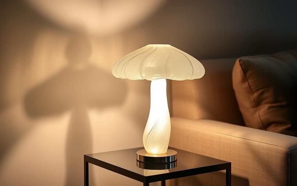A captivating Murano glass mushroom lamp, elegantly illuminating a cozy living space. The lamp's delicate, organic silhouette casting a warm, inviting glow, its translucent caps reflecting the soft light. Positioned on a sleek, contemporary side table, the lamp's intricate details and swirling patterns captivate the eye. The gentle lighting creates a serene, meditative ambiance, perfect for creating a harmonious, design-forward atmosphere. Subtle shadows dance across the walls, adding depth and dimension to the scene. The Murano glass artistry shines, elevating the space with its timeless beauty and timeless appeal.
