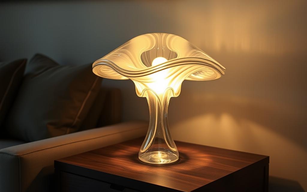 A captivating Murano glass mushroom lamp, its intricate curves and ethereal glow illuminating a stylish living space. Positioned on a dark-stained wooden side table, the lamp's translucent cap refracts warm light, casting a soft, ambient radiance. In the background, a neutral-toned wall complements the lamp's elegant design, allowing its mesmerizing form to take center stage. Subtle shadows play across the surface, highlighting the skilled craftsmanship of this Venetian masterpiece. The scene evokes a sense of refined sophistication, inviting viewers to appreciate the timeless allure and pricing that distinguishes this iconic Murano glass creation.