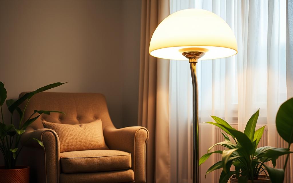 A chrome mushroom-shaped floor lamp standing tall in a cozy living room, its metallic curves casting an ethereal glow. The warm light filters through a translucent white shade, illuminating the plush armchair and vibrant houseplants surrounding it. The room is bathed in a soft, inviting ambiance, the chrome lamp serving as a captivating focal point, its sleek silhouette a harmonious blend of function and form.