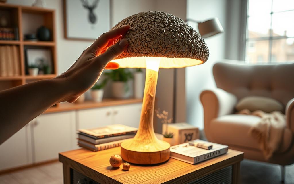 A cozy and imaginative interior scene featuring a mushroom-shaped lamp as the focal point. The lamp sits on a wooden side table, casting a warm, ambient glow throughout the space. In the foreground, a hand gently touches the lamp's textured, organic cap, exploring its unique shape. In the middle ground, various items are creatively arranged around the lamp, including a potted plant, a stack of books, and a few small trinkets. The background features a minimalist, Scandinavian-inspired room with pale walls, a large window, and a plush, neutral-toned armchair. The overall atmosphere is one of calm, contemplation, and a sense of whimsical, nature-inspired design.