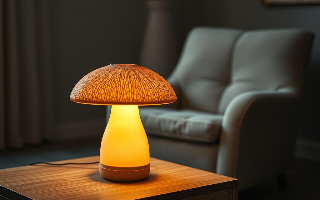 A cozy mushroom-shaped lamp casts a warm, ambient glow in a serene indoor setting. The lamp's surface has a textured, organic appearance reminiscent of natural fungi. Soft light filters through the translucent, amber-toned cap, creating a soothing, inviting atmosphere. In the foreground, the lamp sits atop a minimalist wooden side table, its rechargeable battery discreetly hidden. The middle ground features a plush, neutral-toned armchair, inviting the viewer to relax and bask in the calming light. The background showcases a tranquil, dimly lit room with muted tones, enhancing the meditative, introspective mood. Gentle shadows and highlights accentuate the lamp's sculptural form, while the overall scene conveys a sense of mindful serenity and comfort.