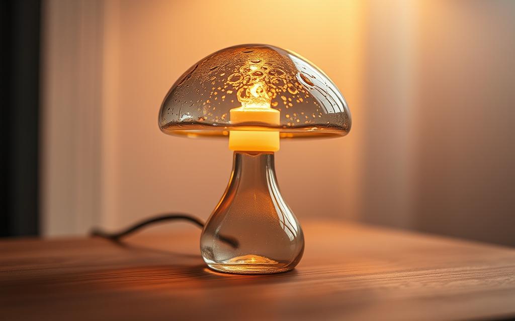 A glass mushroom lamp resting on a wooden surface, illuminated by soft, warm lighting that casts a cozy glow. The mushroom's delicate, translucent cap is carefully crafted, with intricate details that catch the light and create a mesmerizing display. The lamp's base is a sturdy, organic shape that complements the cap, blending seamlessly to form a cohesive, enchanting piece. The scene is captured from a slightly elevated angle, allowing the viewer to appreciate the lamp's captivating presence and the serene, contemplative atmosphere it evokes. The background is subtly blurred, keeping the focus on the captivating glass mushroom lamp.