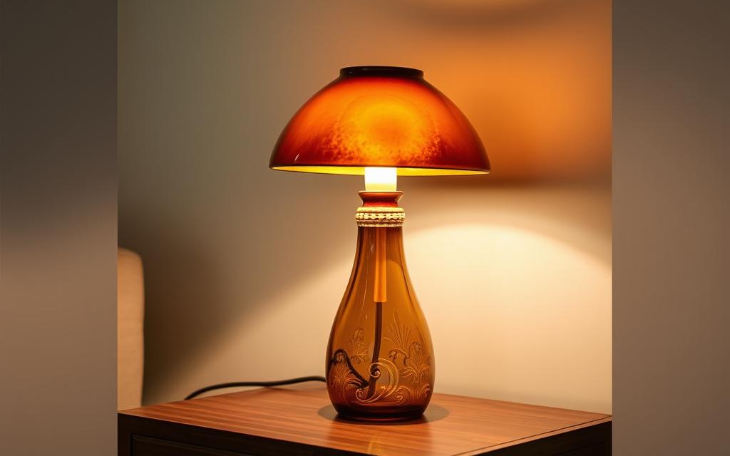 A glass mushroom lamp with a warm, rustic brown hue stands elegantly on a wooden side table, its cap-shaped shade casting a soft, ambient glow. The lamp's base features intricate patterns, creating a visually captivating effect. The lighting is carefully balanced, with a mix of direct and indirect illumination, highlighting the lamp's unique silhouette and textural details. The overall scene exudes a cozy, inviting atmosphere, showcasing the versatility of this enchanting glass mushroom lamp as a harmonious addition to a variety of interior design styles.