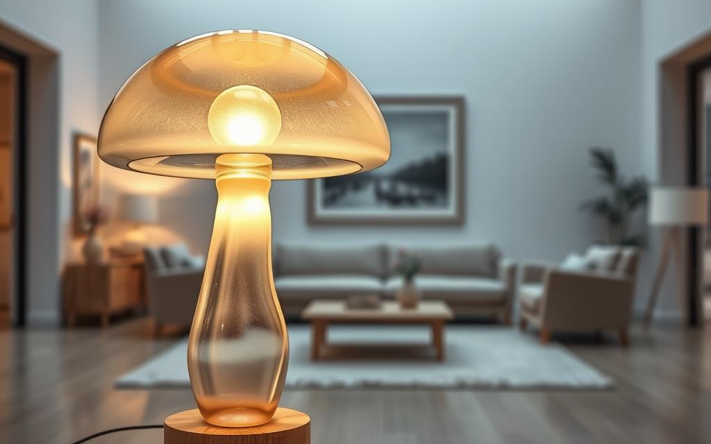 A large, captivating glass mushroom lamp stands prominently in the foreground, its translucent cap reflecting the soft, warm lighting from within. The lamp's sturdy, sculptural stem rises from a wooden base, creating a harmonious blend of organic and modern elements. The middle ground features a minimalist, Scandinavian-inspired setting, with neutral-toned furnishings that allow the lamp to be the focal point. The background is softly blurred, creating a serene, gallery-like atmosphere that showcases the lamp's enchanting presence. The lighting is carefully crafted, casting gentle, diffused illumination that enhances the glass's captivating transparency and depth.