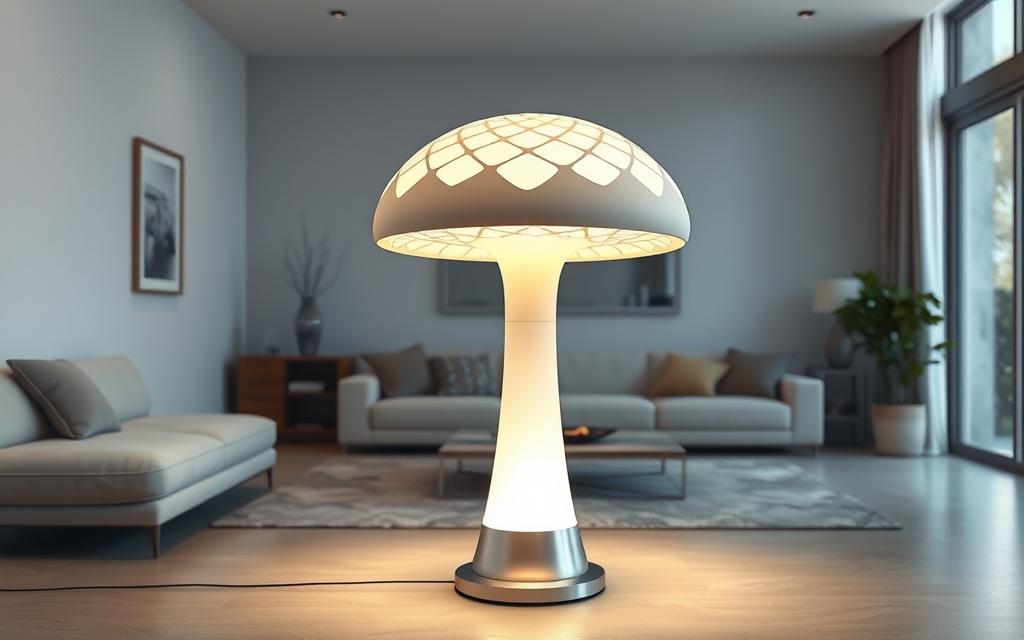 A modern, high-tech mushroom-shaped floor lamp stands elegantly in a well-lit, minimalist living room. The lamp's smooth, organic silhouette is complemented by a sleek, metallic base that houses advanced smart technology. Ambient lighting emanates softly from the lamp's cap-like shade, casting a warm, cozy glow throughout the space. Intricate, geometric patterns ripple across the surface, creating a mesmerizing visual effect. Precise lighting controls and voice-activated features allow for effortless automation and customization, seamlessly integrating the lamp into a connected smart home ecosystem.