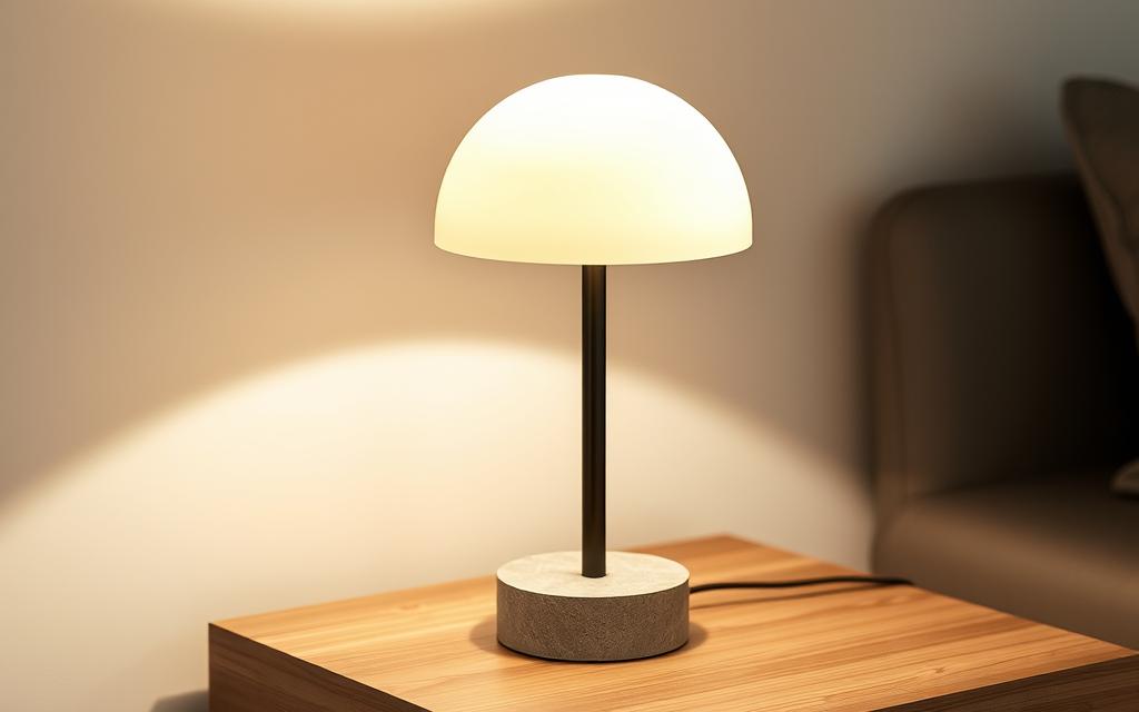 A modern, minimalist mushroom table lamp with a sleek, cylindrical silhouette. The cap is a smooth, white dome, casting a warm, ambient glow from an LED light source hidden within. The stem is a slim, black metal rod, resting on a circular, concrete base. The overall aesthetic is clean, contemporary, and sculptural, blending natural and industrial elements to create a striking, functional piece of lighting design. The lamp is positioned on a simple, wooden side table, illuminating the space with a soft, diffused light that enhances the cozy, sophisticated atmosphere of the room.