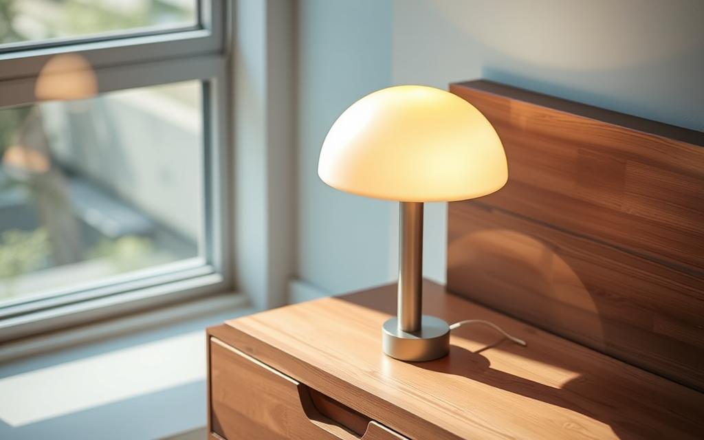 A rechargeable mushroom-shaped lamp glows softly on a sleek wooden nightstand. The cap is translucent and emits a warm, ambient light, casting a cozy glow throughout the room. The stem is brushed metal, with discreet charging ports along the base. Subtle shadows and highlights create depth and dimension, while the overall design is minimalist and elegant. The lamp radiates a tranquil, soothing atmosphere, perfect for a serene reading nook or relaxing retreat. Crisp, natural lighting from a large window bathes the scene in a soft, natural illumination, complementing the lamp's inherent charm.
