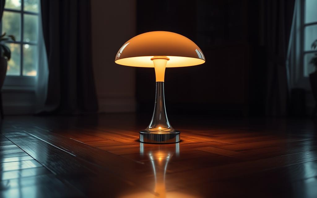 A sleek, chrome-finished mushroom-shaped lamp casts a warm, ambient glow in a cozy, dimly lit room. The lamp's silhouette is elegantly reflected on the glossy, hardwood floor, creating a mesmerizing symmetry. Soft, diffused lighting illuminates the surrounding space, casting gentle shadows that dance across the walls. The overall atmosphere is one of tranquility and sophistication, making this lighting fixture a stunning centerpiece that effortlessly elevates the decor.
