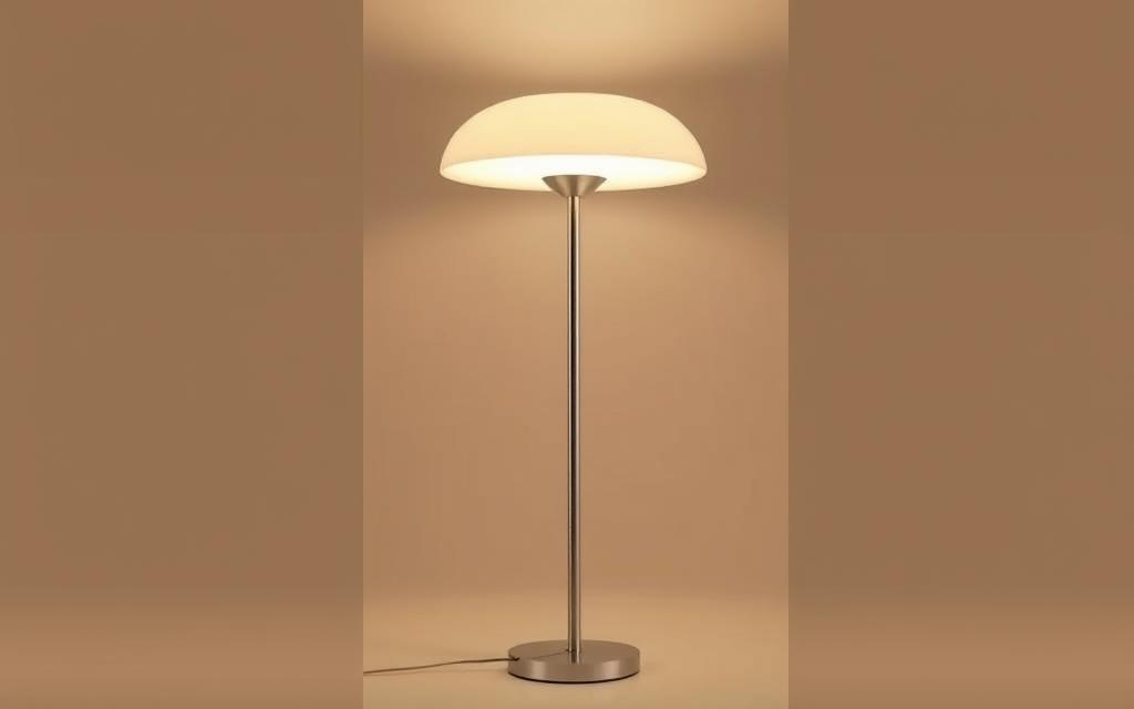 A sleek, modern mushroom floor lamp stands tall, its rounded cap casting a warm, diffused glow across the room. The sturdy, metallic stem supports the lamp's weight, rising from a minimalist base that blends seamlessly into the surroundings. Soft, indirect lighting illuminates the space, creating a cozy and inviting ambiance. The lamp's clean, minimalist design complements a variety of interior styles, from mid-century modern to contemporary. Its versatility allows it to be the focal point of a living room or provide subtle, functional lighting in any corner of the home.