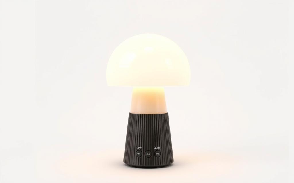 A softly lit, glass-enclosed rechargeable mushroom lamp with three distinct brightness levels, showcased against a minimalist, clean white background. The lamp's cap is a gently curved, translucent white dome, diffusing a warm, cozy glow. The stem is a sleek, cylindrical metal body with subtle ribbing, finished in a matte black. The base features three small, intuitive buttons to cycle through the low, medium, and high brightness settings, illuminating the cap with a gradual, ambient luminescence. The overall design is modern, streamlined, and intended to seamlessly blend into a variety of interior decor styles.