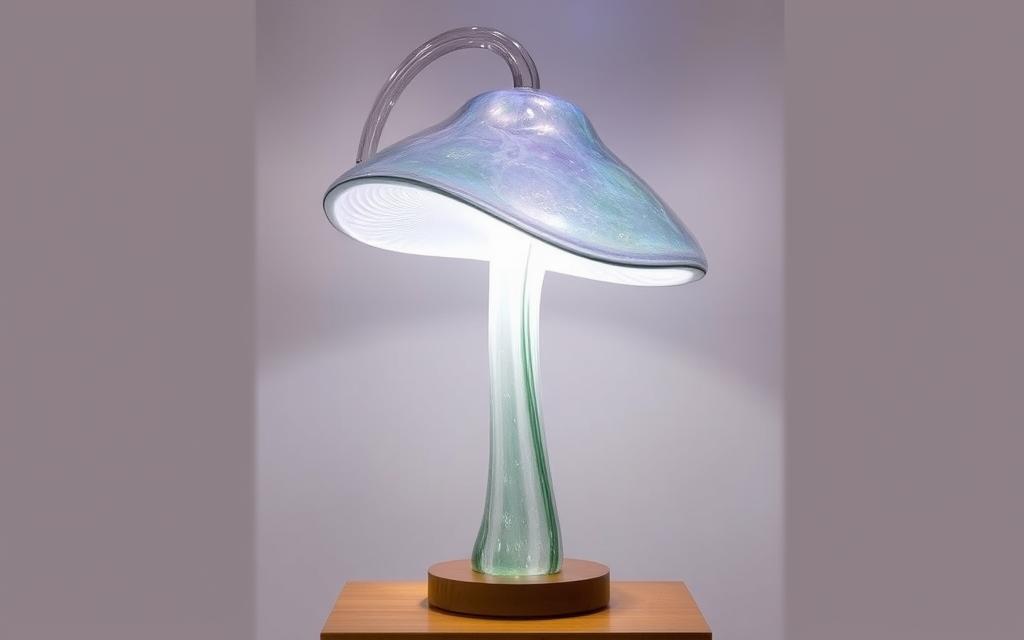 A stunning Murano glass mushroom lamp, its cap gracefully arching upwards, the surface shimmering with iridescent hues. The lamp stands atop a warm-toned wooden base, casting a soft, ambient glow that illuminates the scene. The background is a serene, minimalist environment, allowing the captivating glass sculpture to take center stage. Carefully crafted with the renowned Murano techniques, this lamp exudes a sense of timeless elegance and artistry, perfect for elevating the style of any living space.