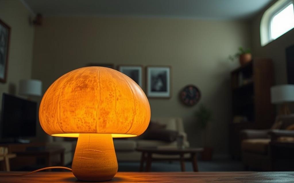 A vintage 70s mushroom lamp in a cozy, dimly lit room. The lamp's rounded, mushroom-like silhouette dominates the foreground, its earthy tones and textured ceramic body emanating a warm, nostalgic glow. Behind it, a mid-century modern interior with muted earth-toned walls and wooden furniture creates a harmonious, retro ambiance. Soft, diffused lighting casts subtle shadows, accentuating the lamp's organic shape and highlighting its place as the central decorative piece. The overall scene evokes a sense of timeless sophistication and a touch of whimsical charm, perfectly suited for the "Choosing the Right 70s Mushroom Lamp" section of the article.