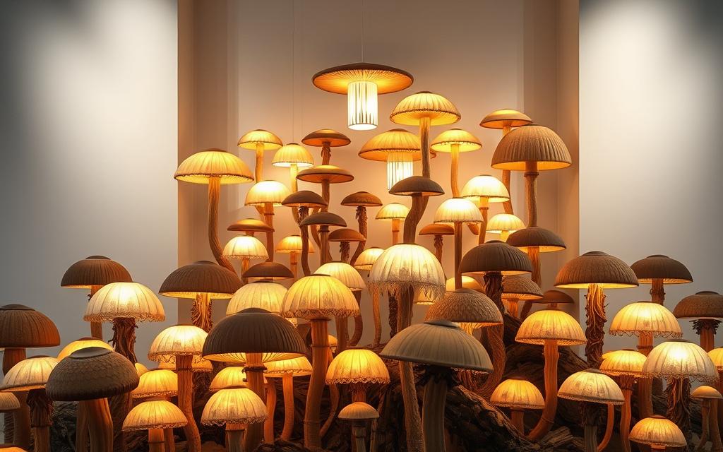 A well-lit display showcasing an alluring array of mushroom-inspired lamps, each meticulously crafted with a unique blend of organic and contemporary elements. In the foreground, an assortment of these captivating luminaires, their caps gently aglow, inviting closer inspection. The middle ground features a harmonious composition of varying sizes and shapes, each lamp exuding a warm, soothing ambiance. The background subtly fades into a clean, minimalist setting, allowing the lamps to take center stage and captivate the viewer's attention. The overall scene conveys a sense of tranquility and refined sophistication, perfectly suited to elevate the urban living space.