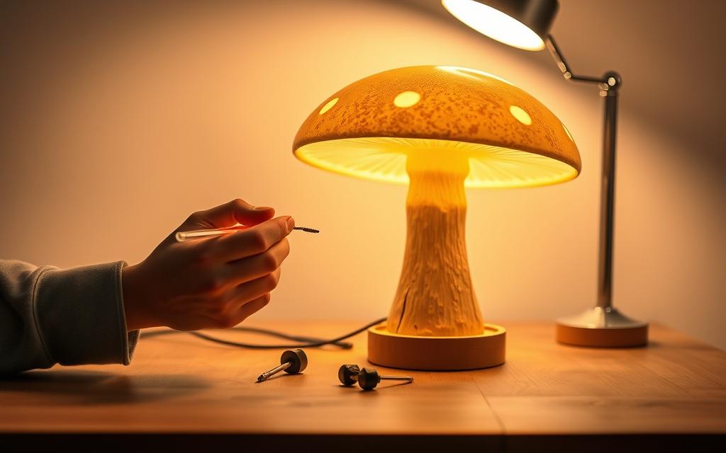 A well-lit studio setting with a wooden table, showcasing a captivating mushroom-shaped lamp undergoing maintenance. The lamp's intricate details are meticulously visible, as a person's hands gently disassemble and clean the components using specialized tools. Soft, warm lighting illuminates the scene, creating a serene and focused atmosphere. The background is blurred, emphasizing the attention on the lamp's maintenance process. The overall composition conveys a sense of care and attention to detail, perfectly illustrating the &quot;Maintenance Tips for Your Mushroom Lamp&quot; section of the article.