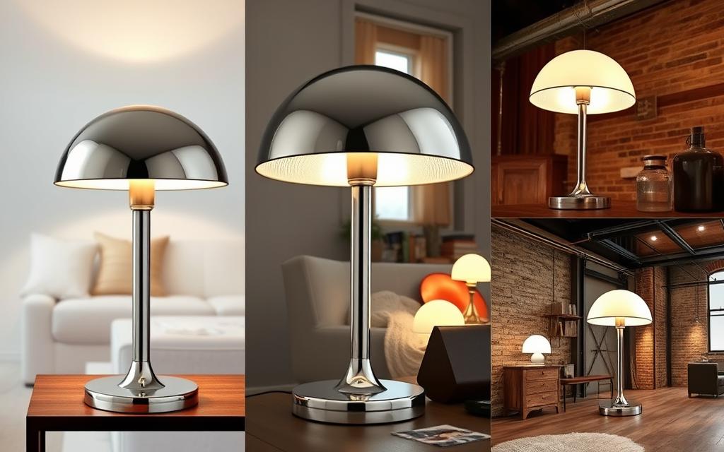 An elegantly designed chrome mushroom lamp, its captivating form casting a soft, warm glow in a variety of interior styles. In a minimalist living room, the lamp sits atop a sleek, wooden side table, its smooth metallic surface reflecting the ambient light. In a cozy, rustic bedroom, the lamp rests on a distressed oak nightstand, complementing the natural wood tones. Showcased in a modern, industrial loft, the lamp's chrome finish contrasts with the exposed brick walls and steel beams, creating a striking focal point. Regardless of the setting, the chrome mushroom lamp effortlessly elevates the space, its unique silhouette and mesmerizing illumination inspiring awe and wonder.