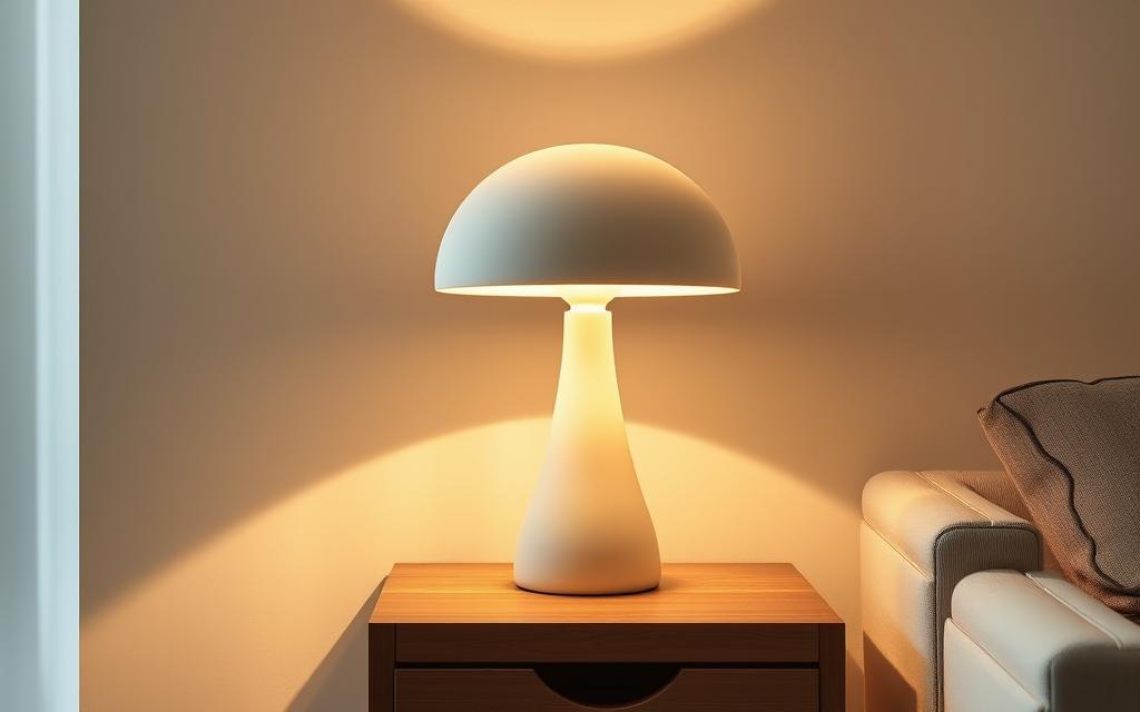 High-end modern mushroom-shaped table lamp illuminating a cozy, minimalist interior design. The lamp's cap is made of off-white matte ceramic, with a smooth, organic silhouette. Warm, diffused light radiates from the bulb, casting a soft glow across the sleek, wooden side table and plush, beige area rug. Subtle shadows play across the walls, creating a serene, harmonious atmosphere. The overall scene evokes a sense of comfort and understated elegance, perfectly suited for a contemporary living space.