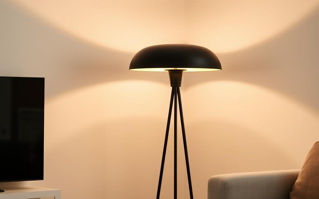 A black, contemporary floor lamp with a large, rounded mushroom-shaped shade stands elegantly in a minimalist living space. The lamp's sleek, metal body casts a warm, diffused glow, creating a cozy and inviting atmosphere. The textured, matte-finish shade adds visual interest, complementing the lamp's modern design. Subtle shadows dance across the walls, adding depth and dimension to the scene. The lamp is positioned to illuminate a specific area, serving as the perfect lighting solution to elevate the living space.