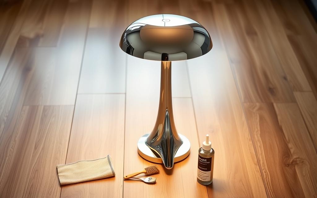 A chrome-plated mushroom-shaped floor lamp sits prominently on a sleek, minimalist wooden floor. Soft, diffused lighting emanates from the lamp's cap, casting a warm, inviting glow across the space. In the foreground, an array of maintenance tools - a microfiber cloth, a small brush, and a bottle of lamp polish - are neatly arranged, ready to keep the lamp's chrome surface gleaming. The middle ground features the lamp's base, with its intricate, sculptural design echoing the organic form of the mushroom cap. The background is subtly blurred, allowing the lamp to take center stage and showcase its stunning, contemporary aesthetic.