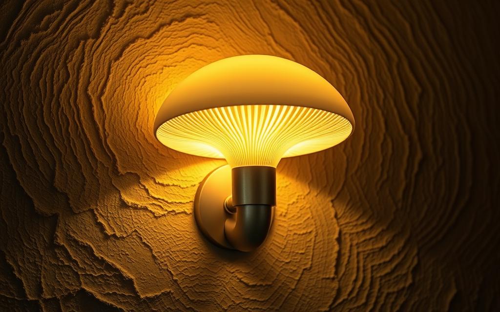 A cozy and energy-efficient LED mushroom wall lamp, its cap emitting a warm, soft glow that illuminates the natural, organic textures of the surrounding environment. The mushroom's stem is made of sleek, brushed metal, seamlessly blending with the earthy-toned, textured wall. Subtle shadows and highlights accentuate the lamp's sculptural form, creating a serene, relaxing ambiance. The lighting is adjustable, allowing for customizable brightness to suit different moods and tasks. Capturing the harmony between technology and nature, this sustainable lighting solution is the perfect addition to any space, bringing the outdoors in with its natural, energy-efficient design.