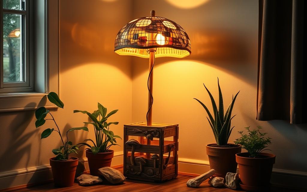 A cozy, eco-friendly floor lamp stands in a warm, well-lit corner. The lamp's base is a repurposed wooden crate, its surface adorned with intricate carvings of mushrooms and vines. The lamp's shade is a whimsical dome crafted from recycled materials, emitting a soft, ambient glow. Nearby, a collection of potted plants and natural elements like stones and driftwood create a harmonious, nature-inspired scene. Subtle lighting from a nearby window casts a gentle, atmospheric illumination, highlighting the lamp's organic, upcycled design. The overall mood is one of tranquility, sustainability, and a touch of rustic charm.