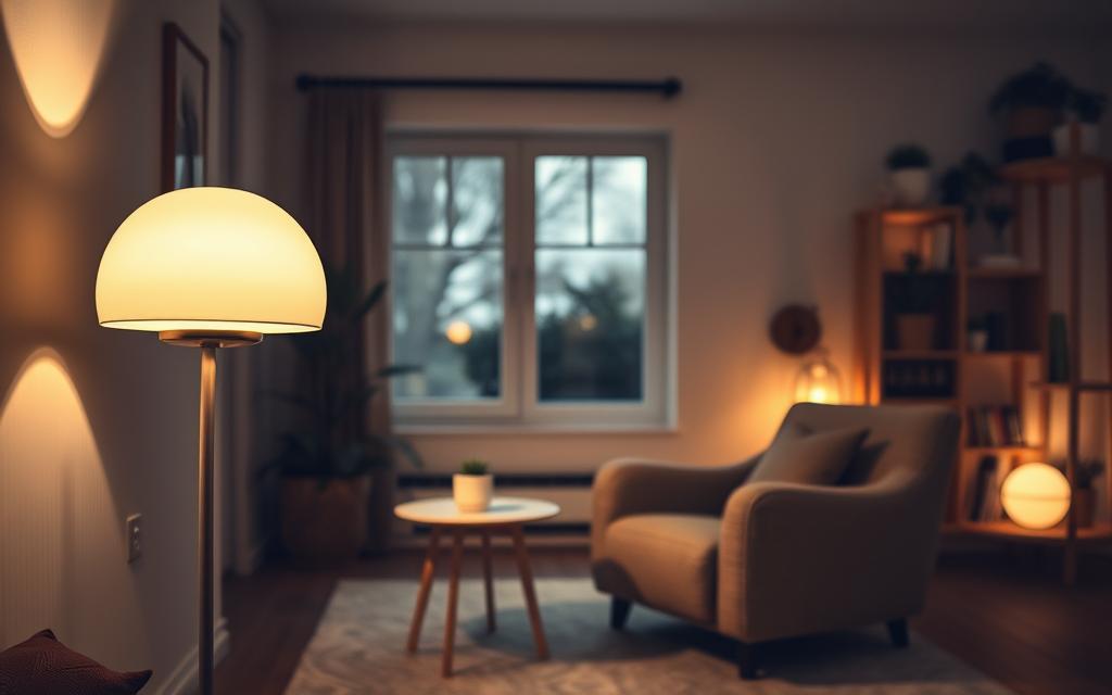 A cozy living room bathed in warm, inviting lighting. In the foreground, a chic, contemporary floor lamp with a sleek white mushroom-shaped shade casts a soft, diffused glow. Surrounding it, a minimalist side table and plush, textured armchair create a harmonious, inviting scene. In the middle ground, a large window allows natural light to filter in, illuminating the space with a gentle, ambient radiance. In the background, subtle, indirect lighting highlights the room's clean, Scandinavian-inspired decor, including a wooden shelving unit and potted plants, conveying a sense of understated elegance and relaxation.