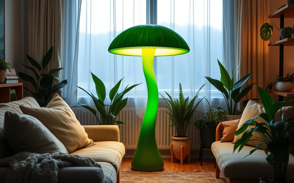 A cozy living room with a prominent contemporary green mushroom floor lamp illuminating the space. The lamp's organic, sculptural form casts a warm, inviting glow, complementing the muted tones and natural textures of the room. Plush seating, wooden accents, and lush potted plants create a harmonious, nature-inspired ambiance. Soft, diffused lighting from the lamp highlights the room's peaceful, serene atmosphere, inviting relaxation and contemplation. The lamp's captivating design and placement effortlessly elevate the room's aesthetic, seamlessly blending functionality and style.