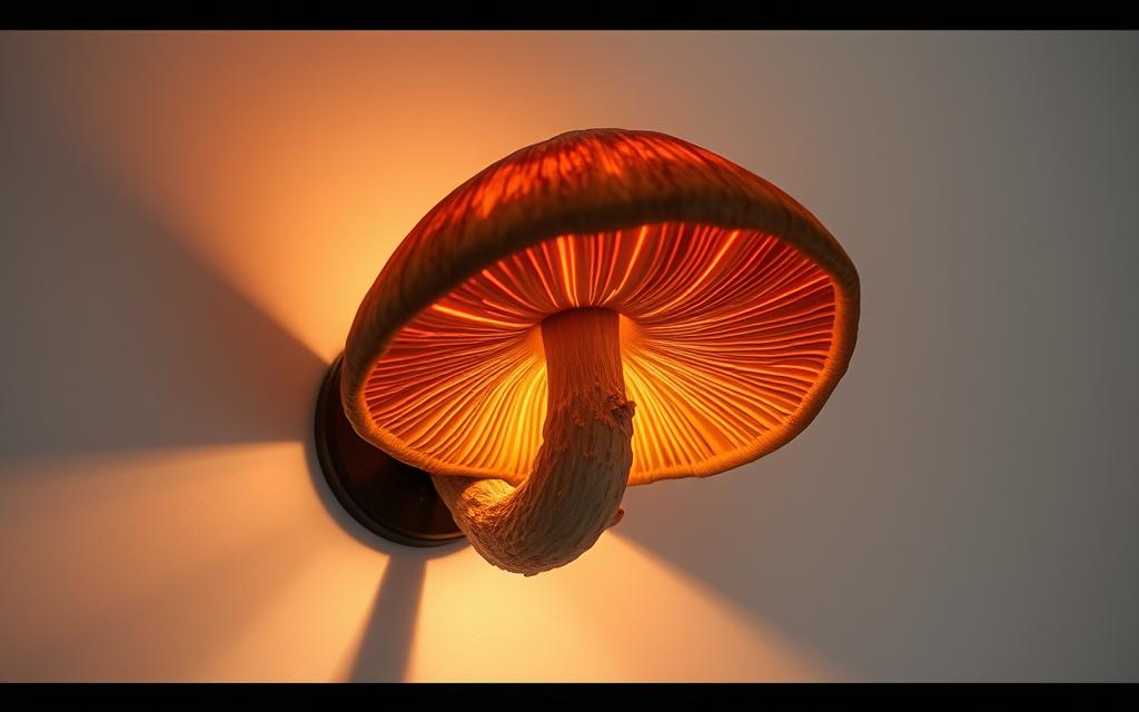 A cozy, well-lit mushroom wall lamp installation, showcasing the natural beauty of the mushroom cap. The lamp is mounted on a clean, white wall, casting a warm, ambient glow that highlights the intricate textures and earthy tones of the mushroom. The arrangement is visually striking, with the lamp's stem protruding from the wall at a slight angle, creating a sense of depth and movement. The lighting is soft and diffused, creating a calming, inviting atmosphere, perfect for illuminating a peaceful living space. The overall composition is both functional and aesthetically pleasing, seamlessly integrating the natural element into the modern interior.