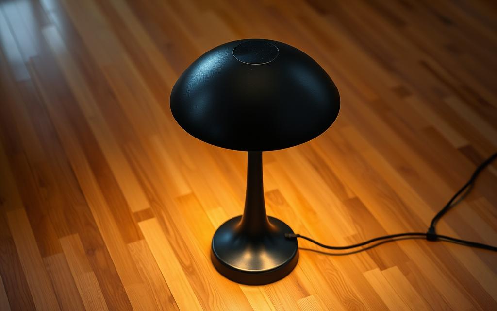 A meticulously detailed black mushroom floor lamp, gently illuminating a well-maintained hardwood floor. The lamp's sleek, organic silhouette casts a warm, inviting glow, complemented by the rich, earthy tones of the surrounding environment. Soft shadows dance across the polished floorboards, creating a tranquil, meditative atmosphere. The lamp's base is carefully cleaned, its surface free of dust or debris, showcasing the craftsmanship and attention to detail required to maintain this elegant, functional piece of home decor.