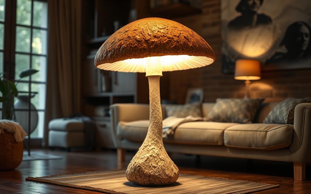 A realistic and visually striking mushroom-inspired floor lamp, positioned in a warm, cozy living space. The lamp's base is crafted from natural, earthy tones, mimicking the textured, organic form of a mushroom cap. Soft, diffused lighting emanates from the lamp's &amp;quot;stem&amp;quot;, casting a gentle, ambient glow throughout the room. The scene is bathed in a mix of natural and artificial lighting, creating a harmonious and inviting atmosphere. The lamp's design seamlessly blends form and function, elevating the space with its unique, eye-catching presence.