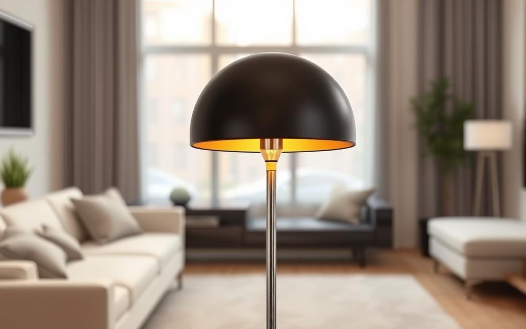 A sleek, contemporary floor lamp with a minimalist black mushroom-shaped shade, positioned against a backdrop of a well-lit, modern living room. The lamp's curved stem is made of polished metal, reflecting the warm, ambient lighting that emanates from the diffused bulb within the shade. The overall design is both functional and aesthetically pleasing, complementing the neutral color palette and clean lines of the surrounding decor. The lamp's simplicity and understated elegance make it a versatile and cost-effective solution to enhance the ambiance of any living space.