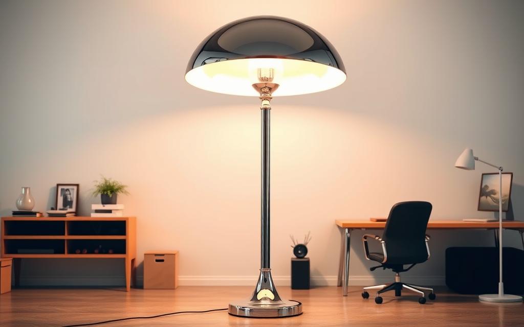 A striking chrome-finished floor lamp with a captivating mushroom-shaped silhouette, standing tall and proud in a modern, minimalist workspace. The lamp's sleek, polished stem casts a warm, diffused glow throughout the room, creating a cozy and inviting atmosphere. The oversized, dome-shaped shade reflects the light, casting a soft, ambient illumination that elevates the workspace, drawing the eye and commanding attention. Artfully positioned in the foreground, the lamp's sculptural form serves as a focal point, seamlessly blending function and style to create a striking visual statement that elevates the overall aesthetic of the space.