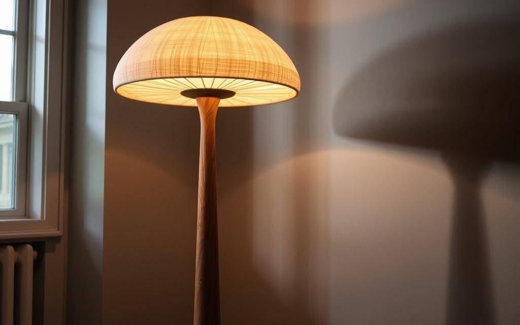 A tall, slender mushroom-shaped floor lamp stands in a cozy, dimly lit room. The lamp's stem is made of smooth, polished wood, supporting a large, domed cap crafted from textured, cream-colored fabric. Soft, warm light emanates from the lamp's interior, casting a inviting glow across the space. The lamp's unique silhouette casts intriguing shadows on the walls, adding depth and interest to the scene. The overall mood is one of tranquility and relaxation, creating an atmosphere perfect for unwinding after a long day.