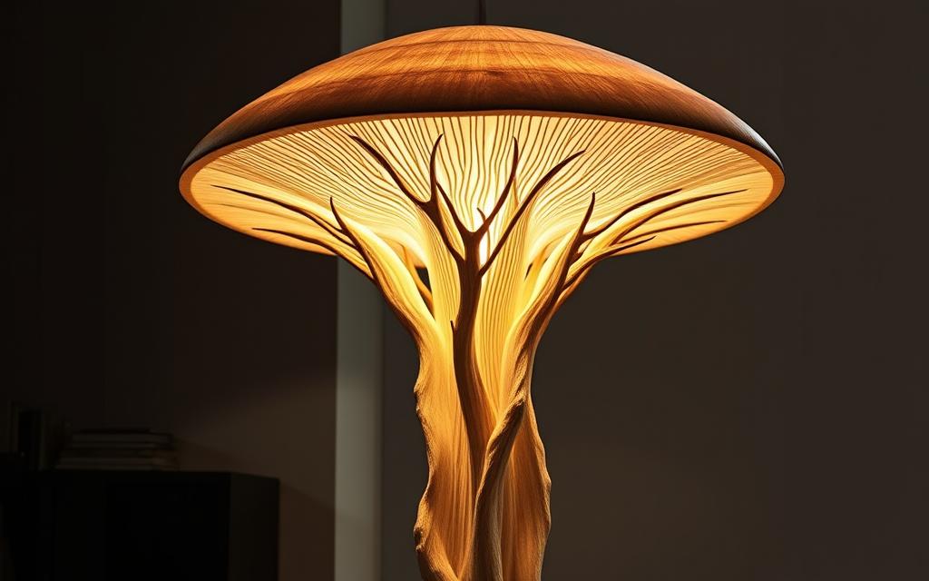 A towering mushroom-shaped floor lamp stands proud, its oversized cap casting a warm, diffused glow throughout the room. Intricate, organically textured stipes support the expansive cap, creating an enchanting, natural silhouette. Soft, indirect lighting emanates from the lamp's interior, casting a cozy, intimate ambiance. The lamp's large scale and distinctive design command attention, transforming the living space into a serene, captivating oasis. Subtle shadows and highlights accentuate the lamp's sculptural form, while neutral tones and materials blend seamlessly with the room's décor. This striking, statement-making floor lamp elevates the space, offering both functional illumination and artistic flair.