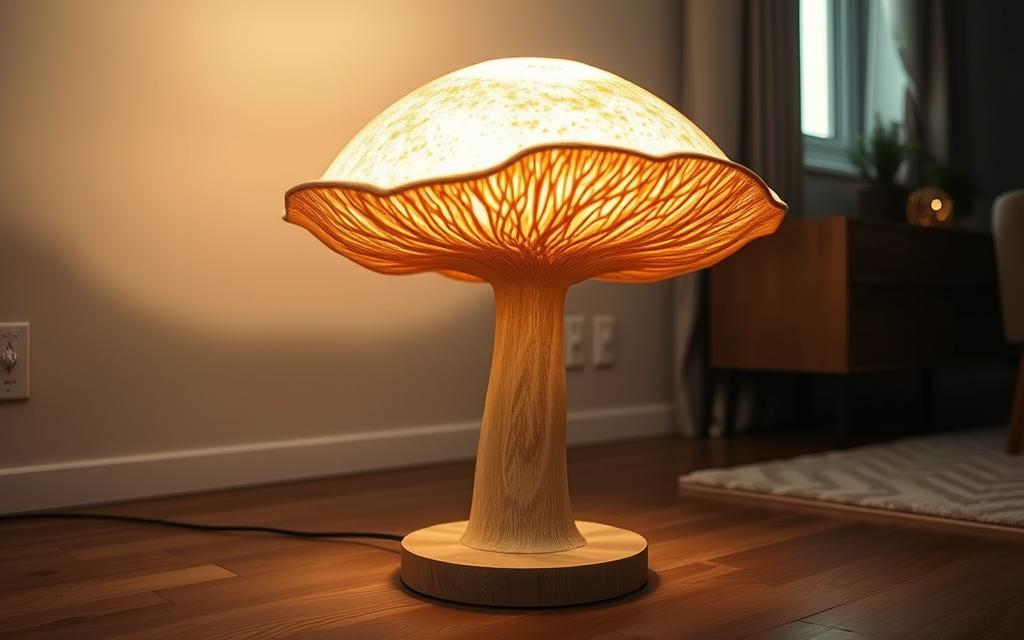 A unique and eco-friendly mushroom-shaped floor lamp stands on a natural wooden base, its cap-like shade radiating a warm, diffused glow. The laminated mycelium structure, reminiscent of a forest fungi, casts a mesmerizing, organic silhouette, blending seamlessly into a minimalist living space. Soft backlighting illuminates the lamp's translucent, earthy tones, creating a serene and tranquil ambiance. Captured from a low, angled perspective, the lamp's sculptural form appears to emerge from the hardwood floor, elevating the space with its harmonious, nature-inspired design.