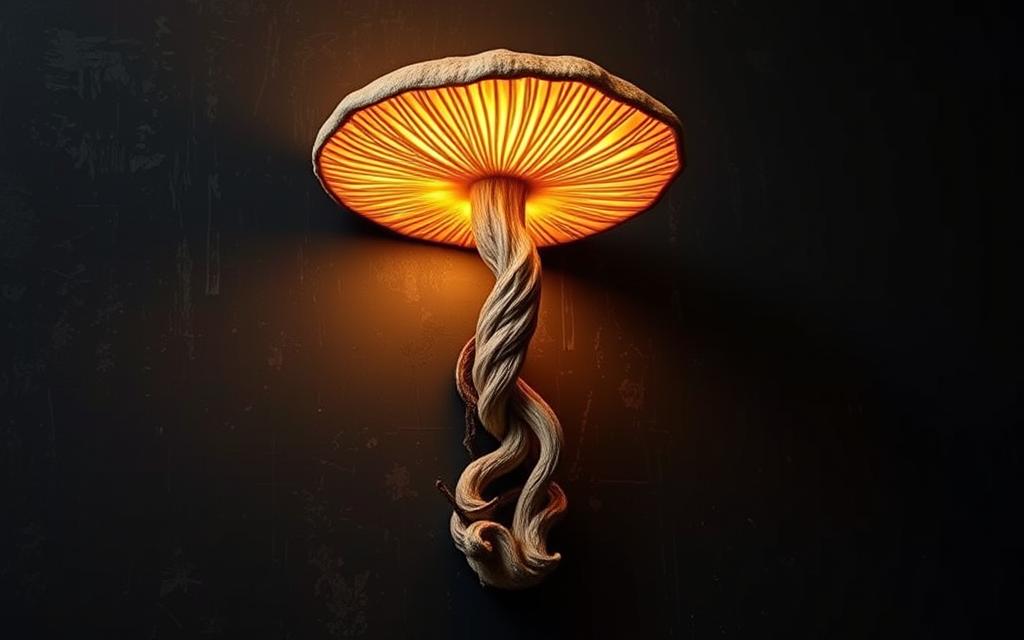 A unique, nature-inspired lighting fixture that appears to be a large, luminous mushroom mounted on a dark, textured wall. The mushroom cap is intricately detailed, with a soft, glowing light emanating from within, casting a warm, atmospheric glow across the space. The stem is twisted and organic, seamlessly merging with the wall. The overall composition evokes a sense of wonder and brings the tranquility of the outdoors into the interior setting. Captured with a wide-angle lens to showcase the fixture's scale and integration with the surroundings, emphasizing its ability to transform a room into an enchanting, nature-infused sanctuary.