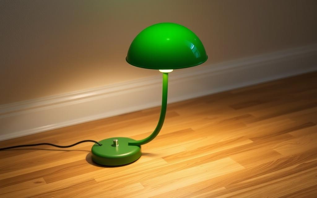 A well-lit, close-up shot of a captivating green mushroom-shaped floor lamp standing on a wooden floor, its distinctive cap-like shade illuminating the space with a warm, cozy glow. The lamp's slender, curved stem emerges gracefully from the polished hardwood, creating a harmonious interplay of organic and industrial elements. Showcasing the lamp's intricate details, the image emphasizes the care and craftsmanship that goes into maintaining this enchanting home decor piece, inspiring viewers to cherish and preserve its timeless beauty.