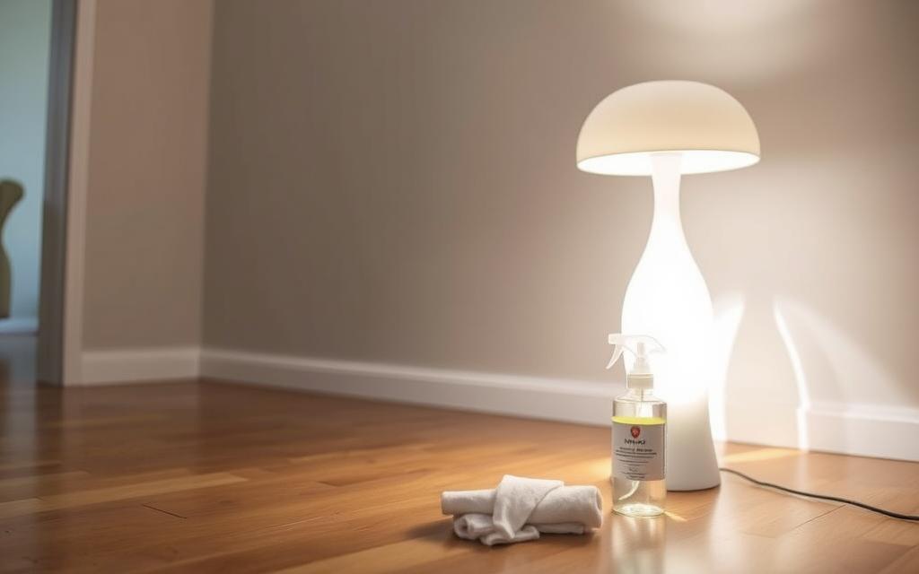 A well-lit, contemporary floor lamp stands prominently, its sleek, cylindrical base and gently curving stem in a crisp, pristine white. Soft natural light filters through the lamp's mushroom-shaped, translucent shade, casting a warm, diffused glow across the hardwood floor. In the foreground, a microfiber cloth and a small bottle of lamp cleaning solution are neatly arranged, ready to gently wipe away any dust or fingerprints, preserving the lamp's pristine appearance. The background features a minimalist, clutter-free living space, with muted, neutral tones that allow the lamp to take center stage as the focal point of the scene.