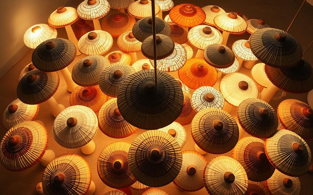 A well-lit, high-angle view of a unique floor lamp installation, showcasing an array of diverse mushroom-shaped shades in varying sizes and colors, arranged in a visually striking and organic pattern across the floor. The mushroom caps are textured with intricate, lifelike details, casting soft, diffused lighting that creates a warm, enchanting atmosphere. The overall composition emphasizes the lamp's sculptural and functional qualities, inviting the viewer to imagine the cozy, whimsical ambiance it would bring to a living space.
