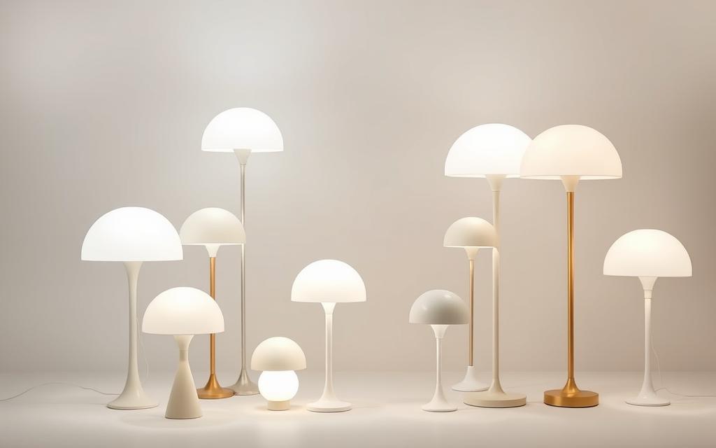 A well-lit studio scene showcasing a collection of white mushroom-shaped floor lamps against a clean, minimalist backdrop. The lamps are arranged in a visually appealing composition, highlighting their distinctive silhouettes and varied color options, including soft whites, cool grays, and warm beiges. The lighting is directional, creating subtle shadows and highlights that accentuate the lamps' organic forms and textures. The overall mood is calm, sophisticated, and inviting, reflecting the versatility and elegant aesthetic of the White Mushroom Floor Lamp design.