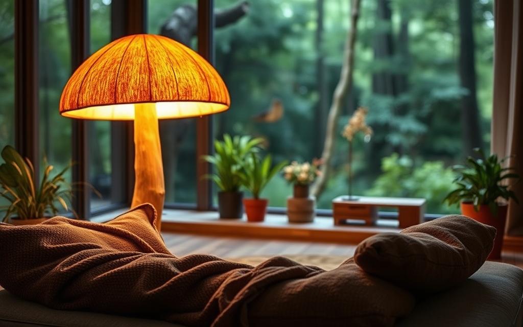 Practical Benefits of Mushroom Floor Lamps A cozy interior scene with a large, realistic-looking mushroom floor lamp as the focal point. The lamp's cap gently glows, casting a warm, inviting ambiance across the space. In the foreground, plush, earthy-toned textiles adorn a low-profile seating arrangement, creating a tranquil and meditative atmosphere. The middle ground features potted plants and natural wood accents, blending seamlessly with the lamp's organic design. The background is softly blurred, hinting at a serene, nature-inspired setting, perhaps a lush forest or a secluded garden. The lighting is balanced, with subtle shadows and highlights accentuating the lamp's sculptural form and the room's cozy ambiance.